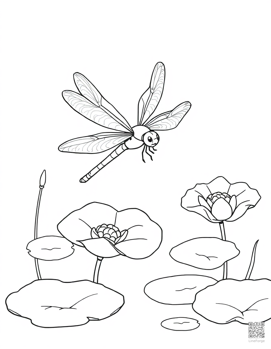 A dragonfly hovering over a pond with lily pads coloring page Contour style - free printable