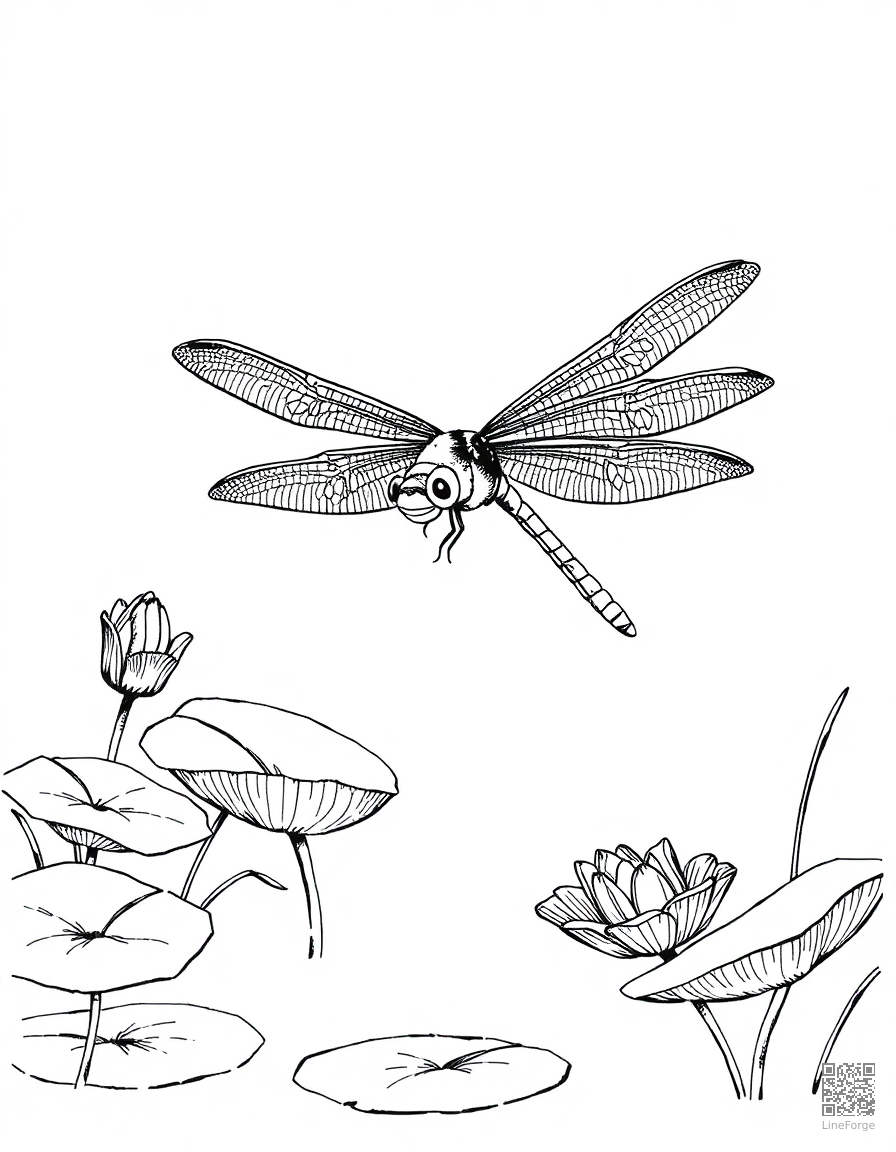 A dragonfly hovering over a pond with lily pads coloring page Crosshatch style free printable