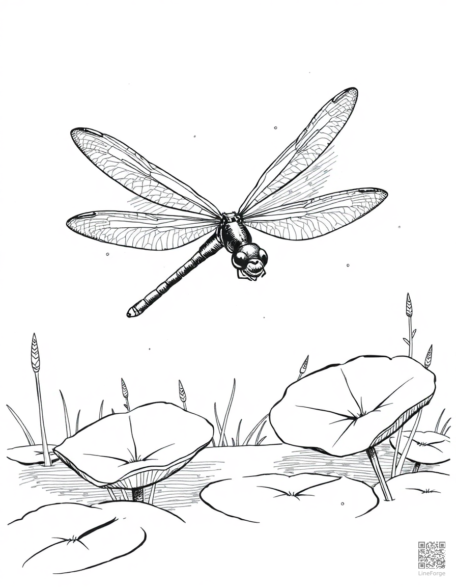 A dragonfly hovering over a pond with lily pads coloring page Crosshatch style free printable