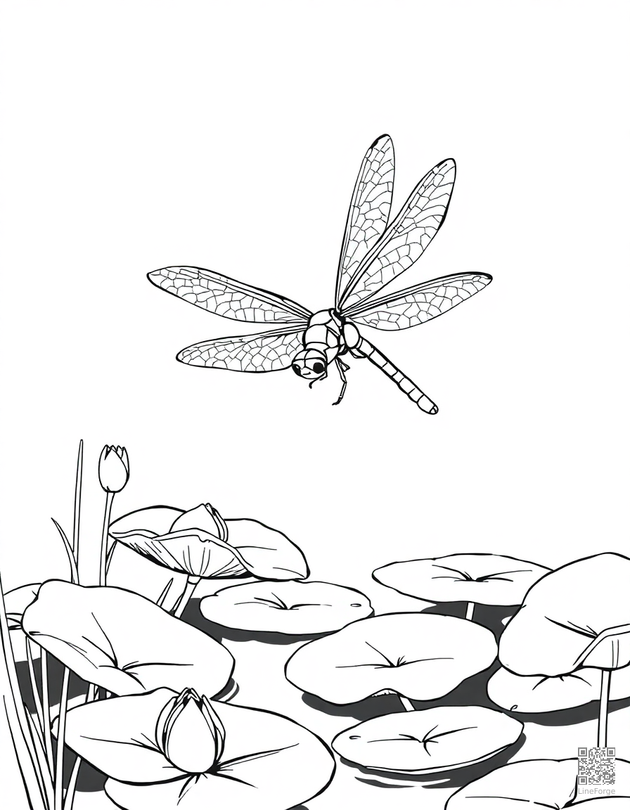 A dragonfly hovering over a pond with lily pads coloring page Manga style free printable