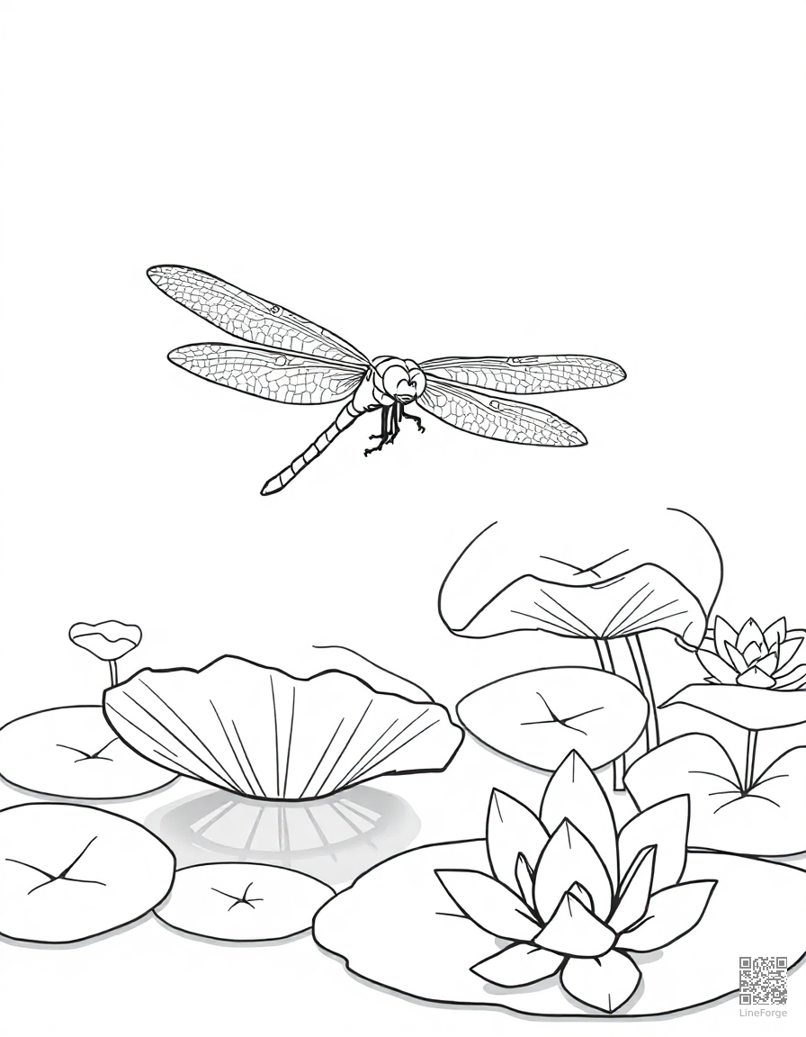 A dragonfly hovering over a pond with lily pads coloring page Manga style free printable