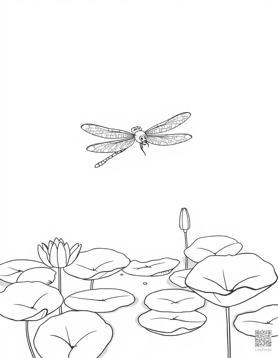 Free a dragonfly hovering over a pond with lily pads coloring page in minimal style — printable line art