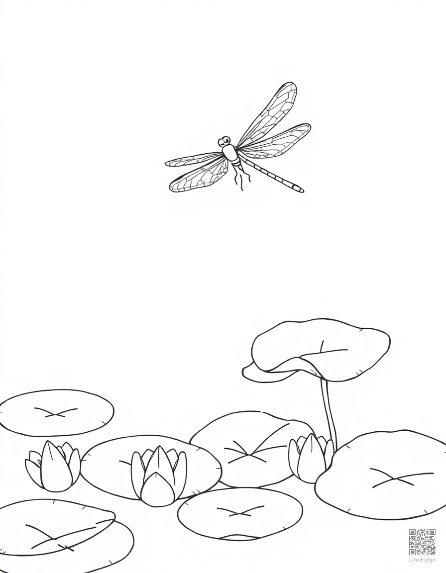 A dragonfly hovering over a pond with lily pads coloring page Minimal style - free printable