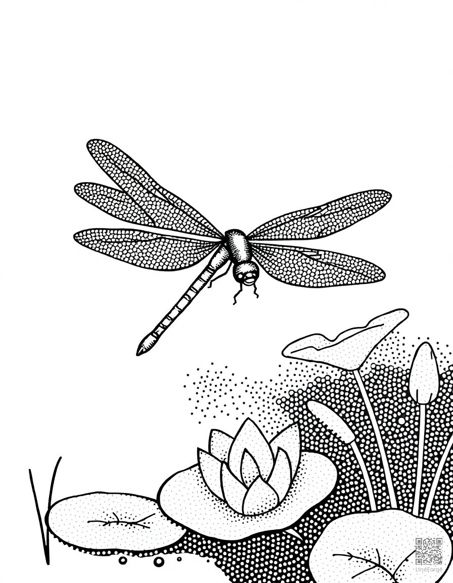 A dragonfly hovering over a pond with lily pads coloring page Stipple style free printable