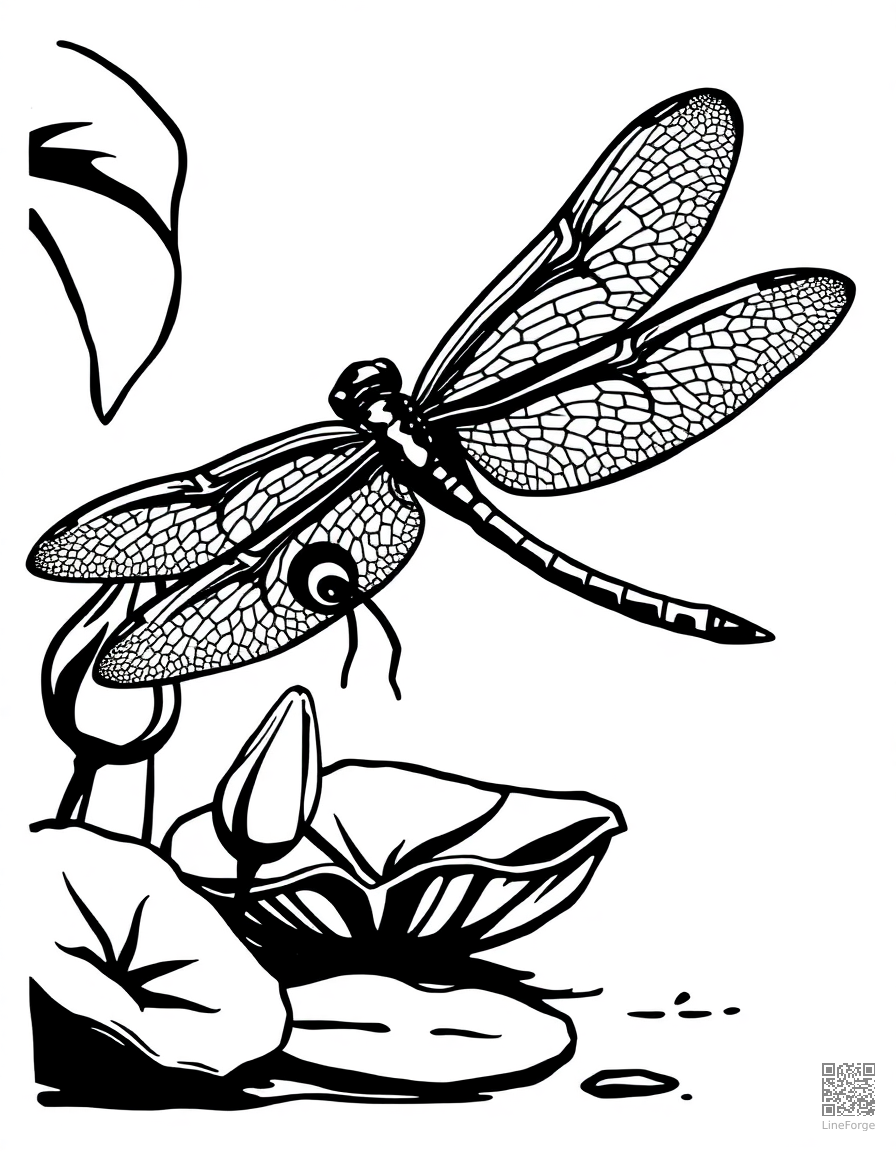 A dragonfly hovering over a pond with lily pads coloring page Woodcut style free printable