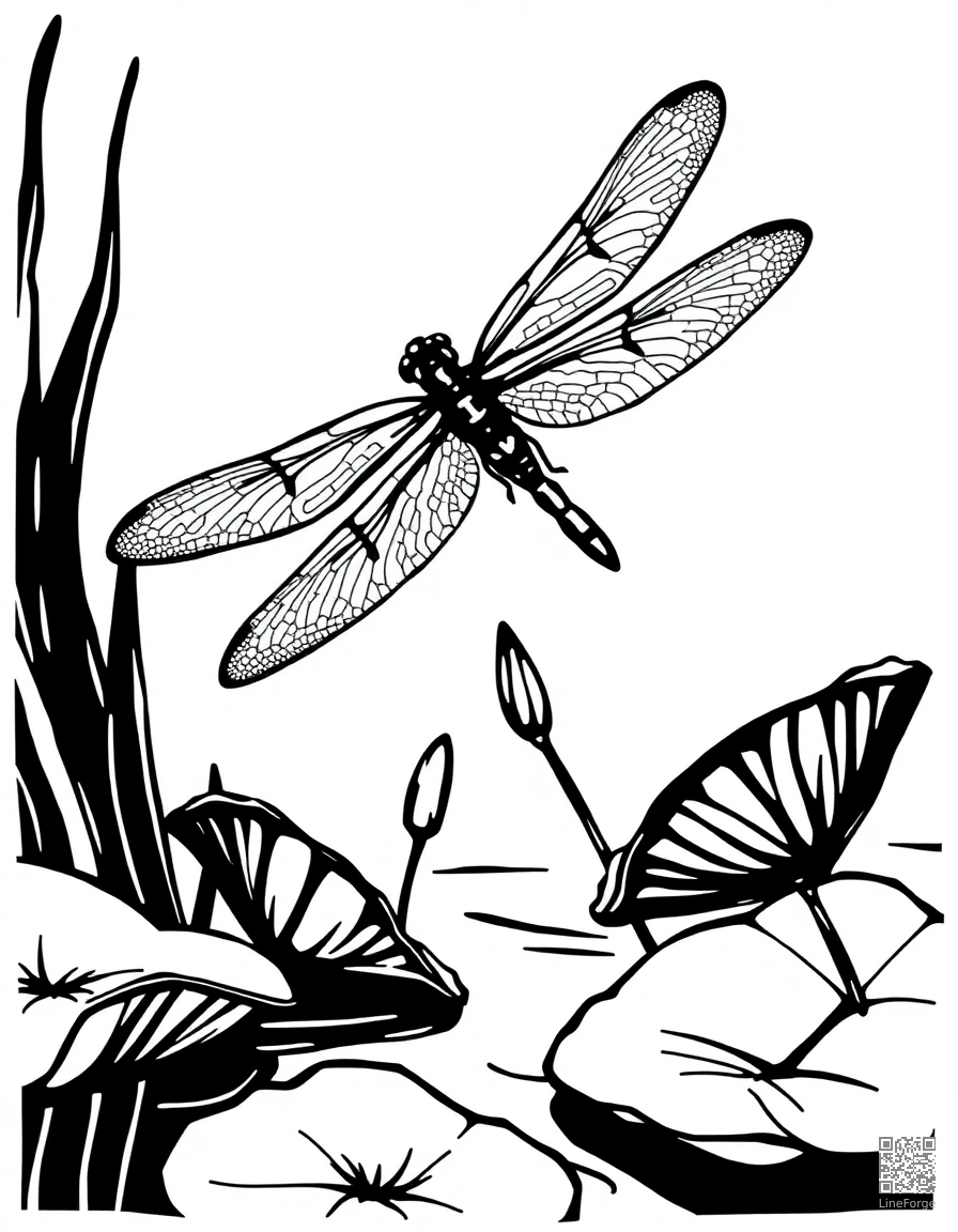 A dragonfly hovering over a pond with lily pads coloring page Woodcut style - free printable