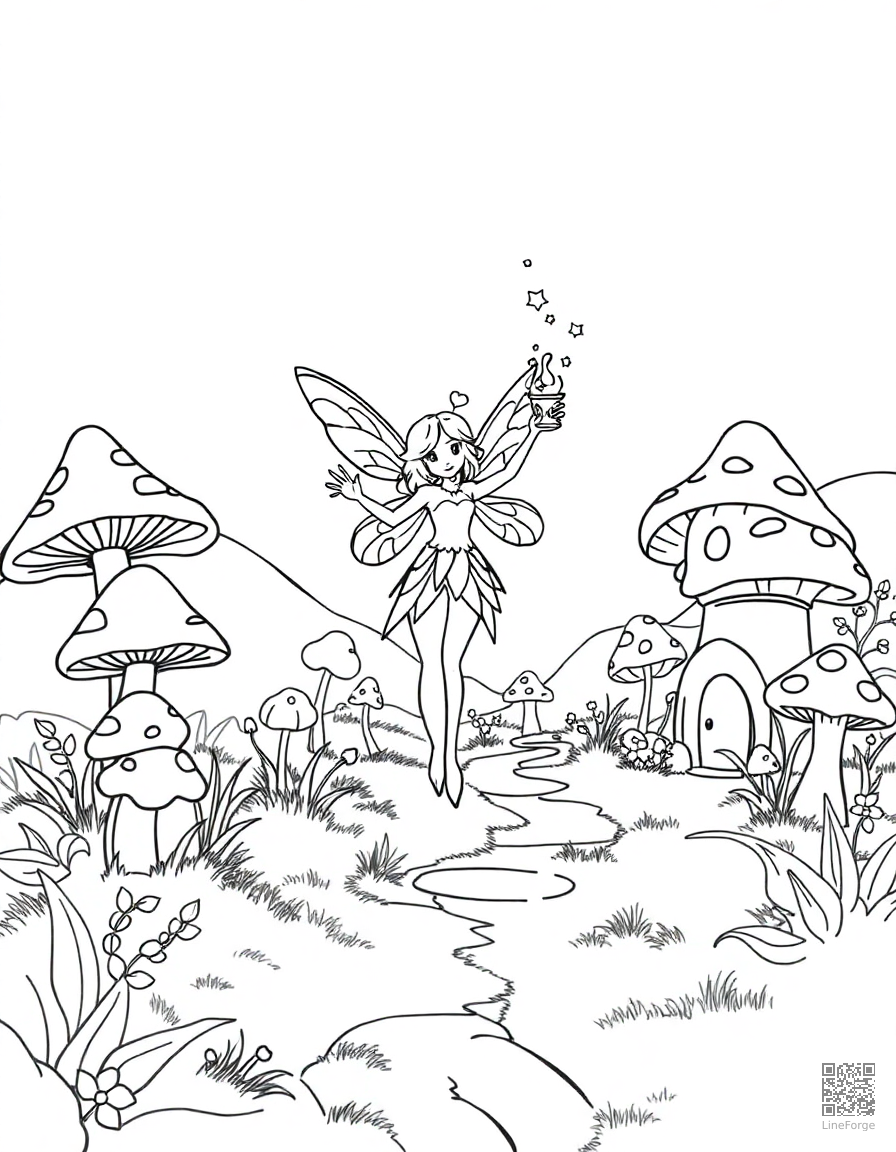 A fairy casting spells near a mushroom village coloring page Contour style - free printable