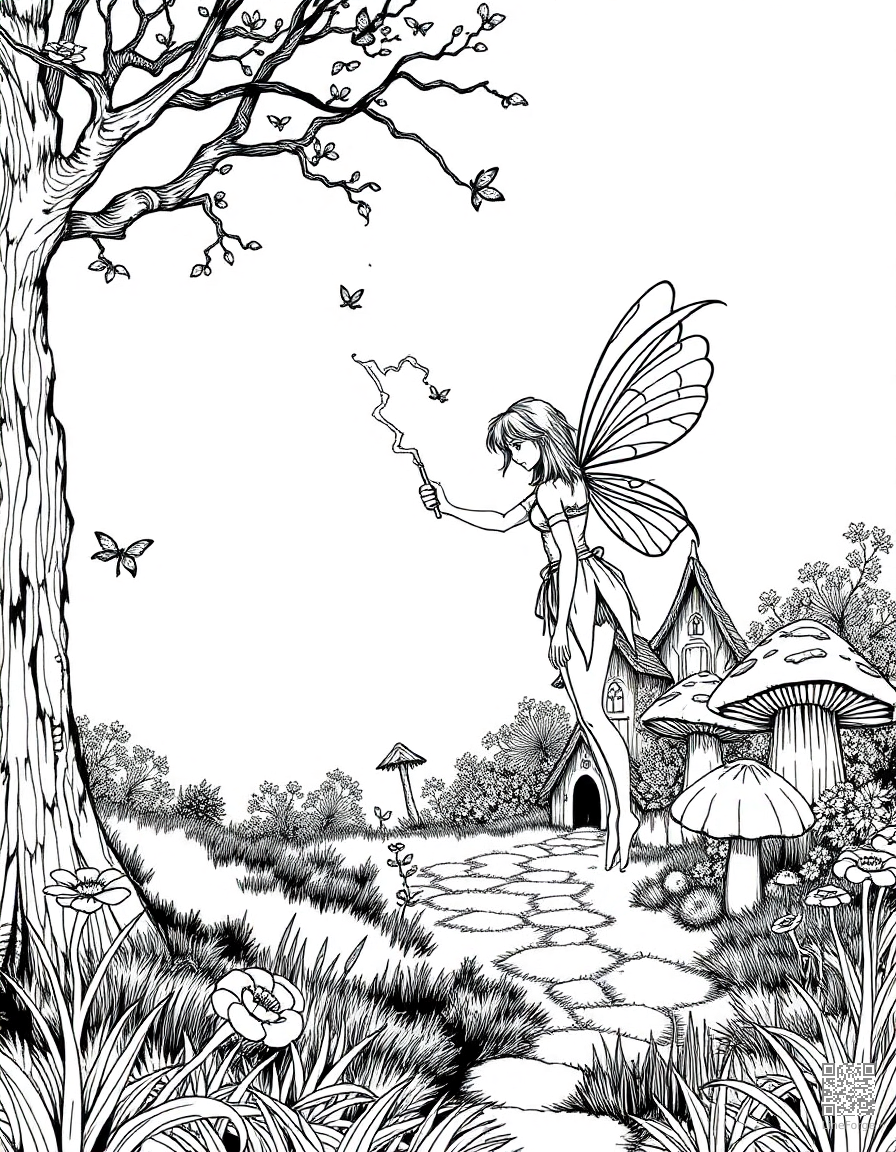 A fairy casting spells near a mushroom village coloring page Crosshatch style - free printable