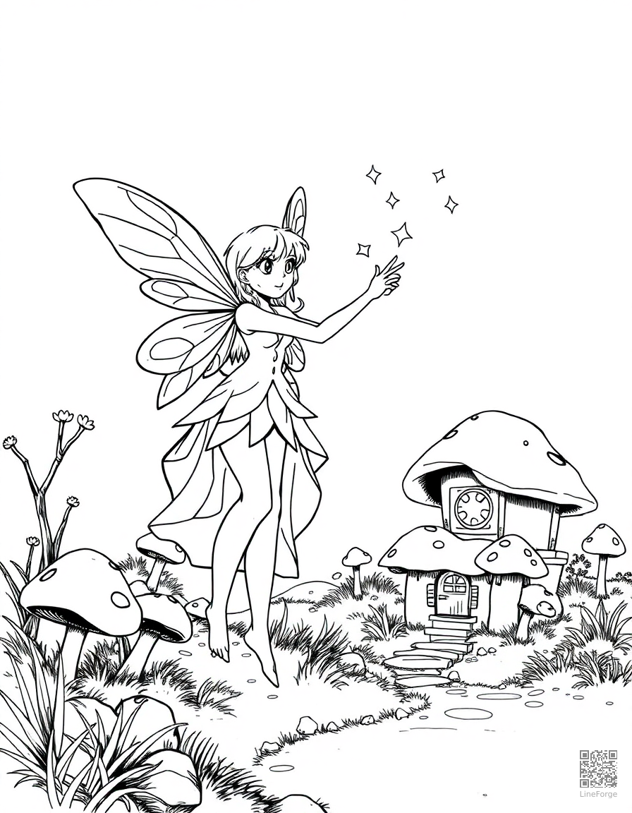 A fairy casting spells near a mushroom village coloring page Manga style - free printable