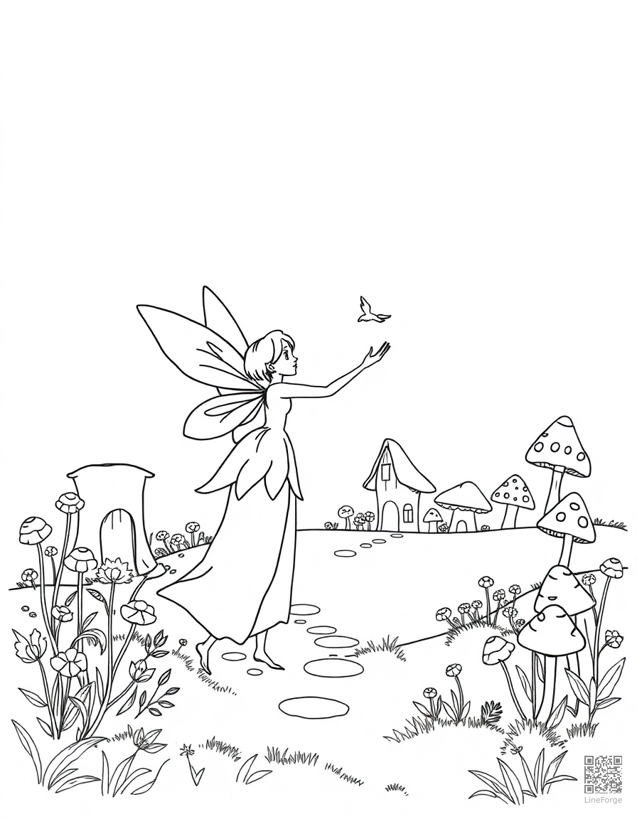 A fairy casting spells near a mushroom village coloring page Minimal style - free printable