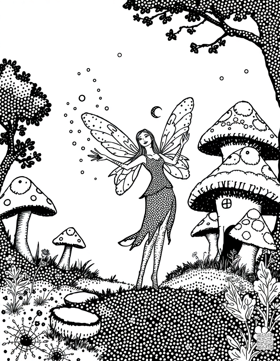 A fairy casting spells near a mushroom village coloring page Stipple style - free printable