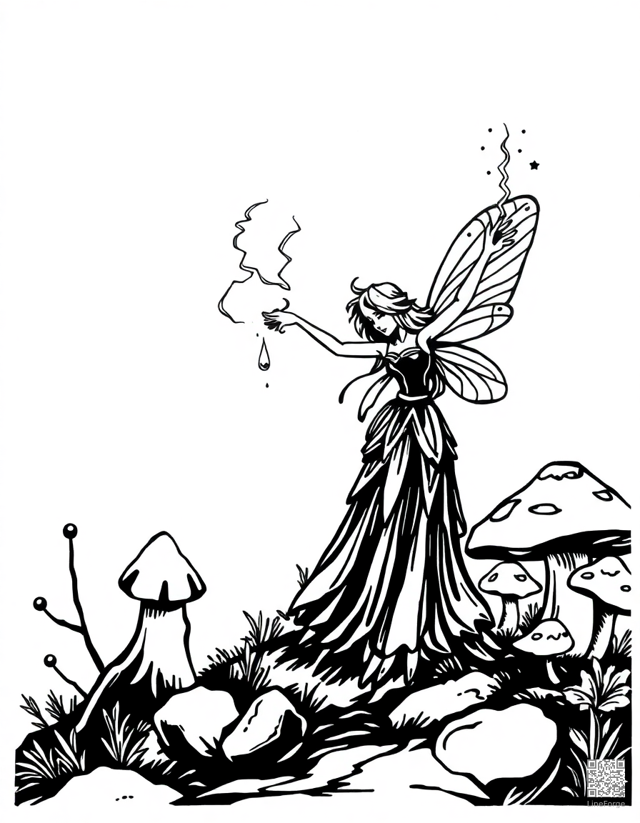 A fairy casting spells near a mushroom village coloring page Woodcut style - free printable