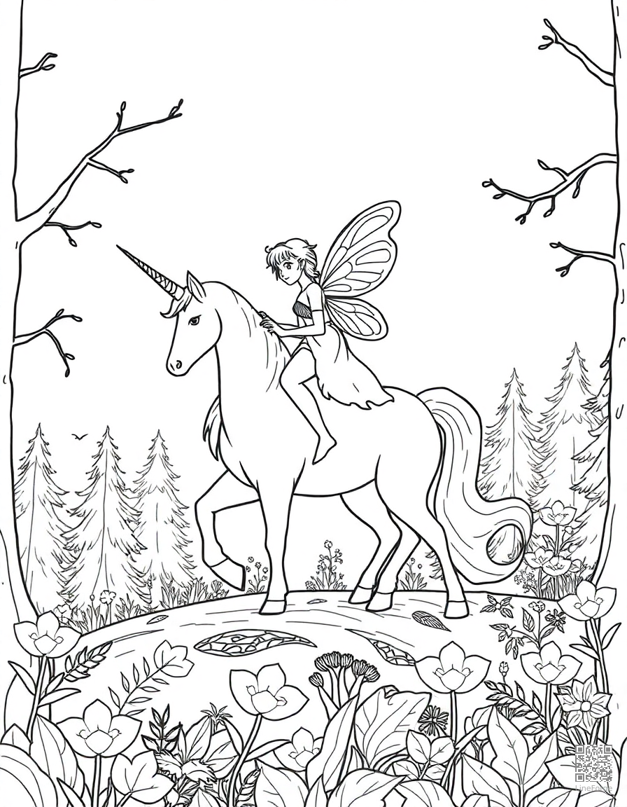 A fairy riding on a unicorn through a magical forest coloring page Contour style - free printable
