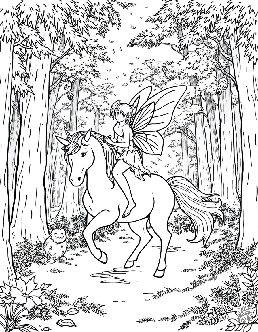 A fairy riding on a unicorn through a magical forest coloring page Manga style - free printable
