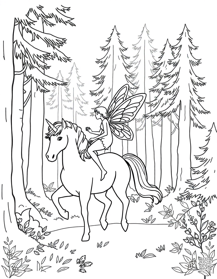 A fairy riding on a unicorn through a magical forest coloring page Minimal style - free printable