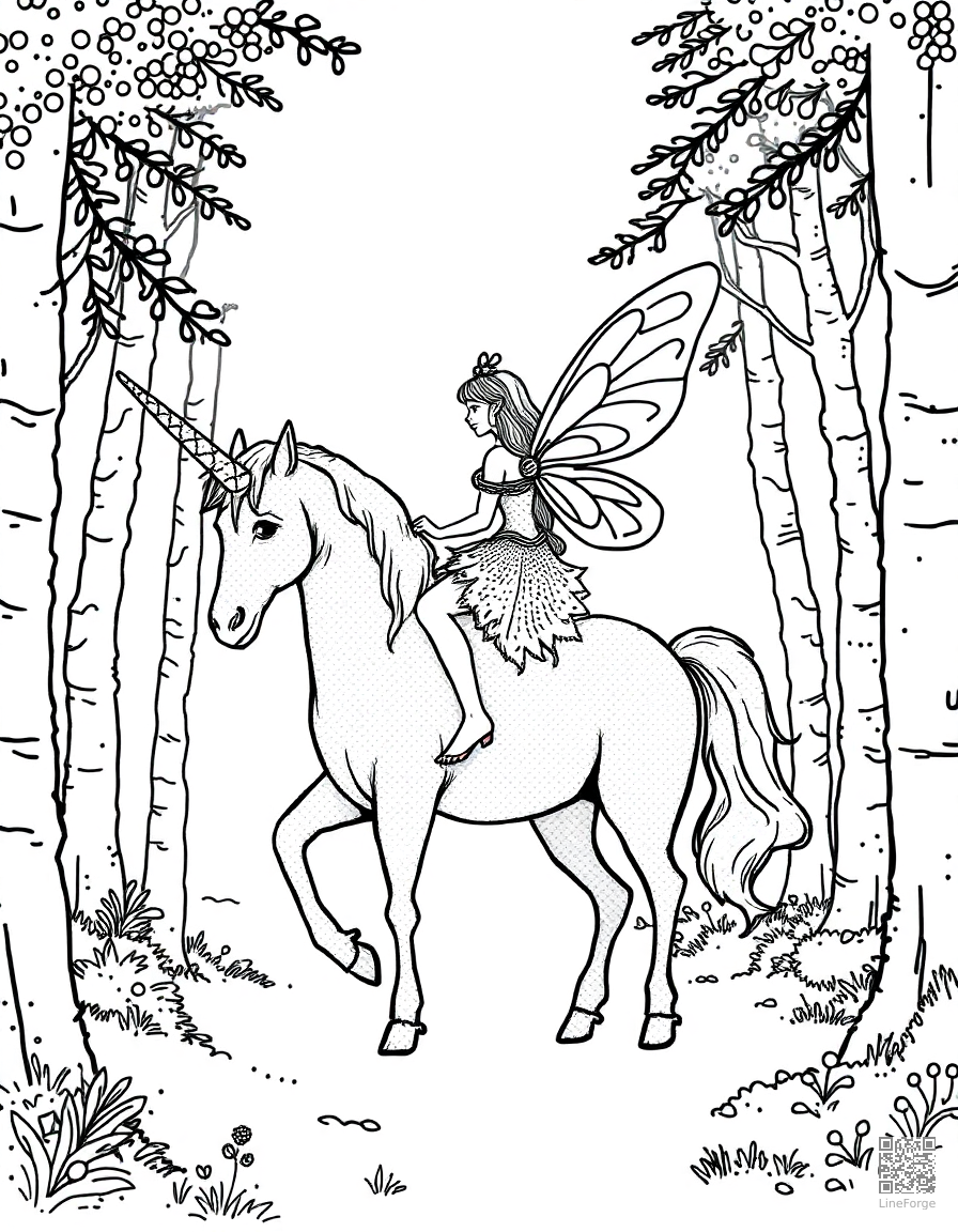 A fairy riding on a unicorn through a magical forest coloring page Stipple style - free printable