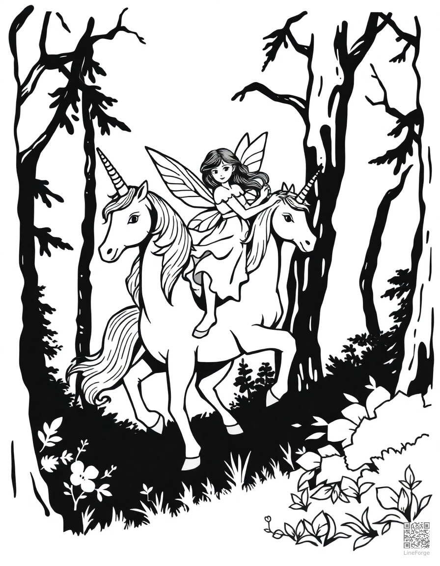A fairy riding on a unicorn through a magical forest coloring page Woodcut style - free printable
