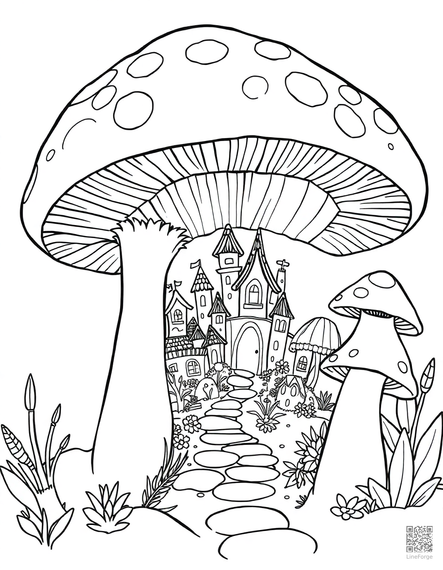 A fairy village hidden inside giant mushrooms coloring page Contour style - free printable