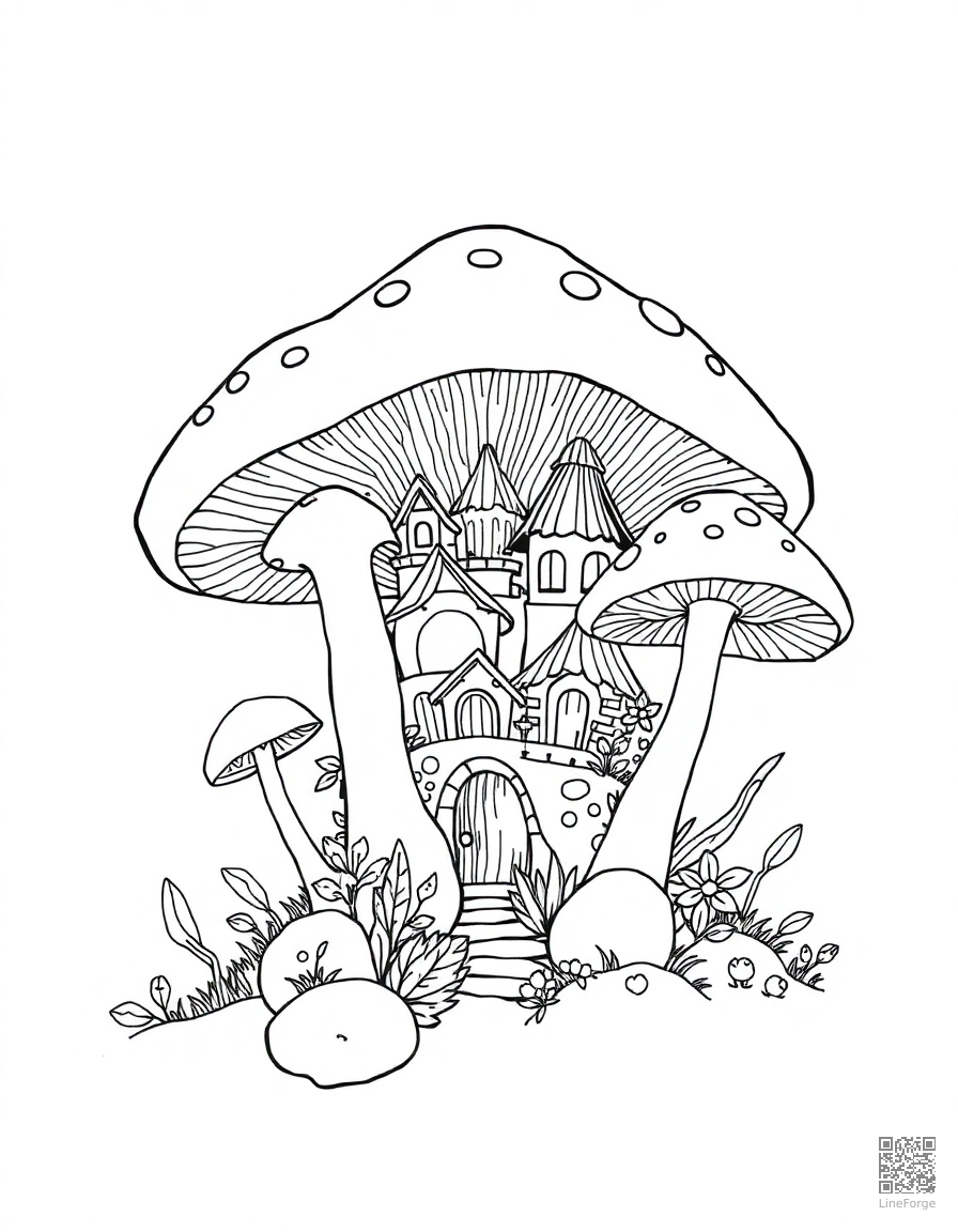 A fairy village hidden inside giant mushrooms coloring page Contour style - free printable