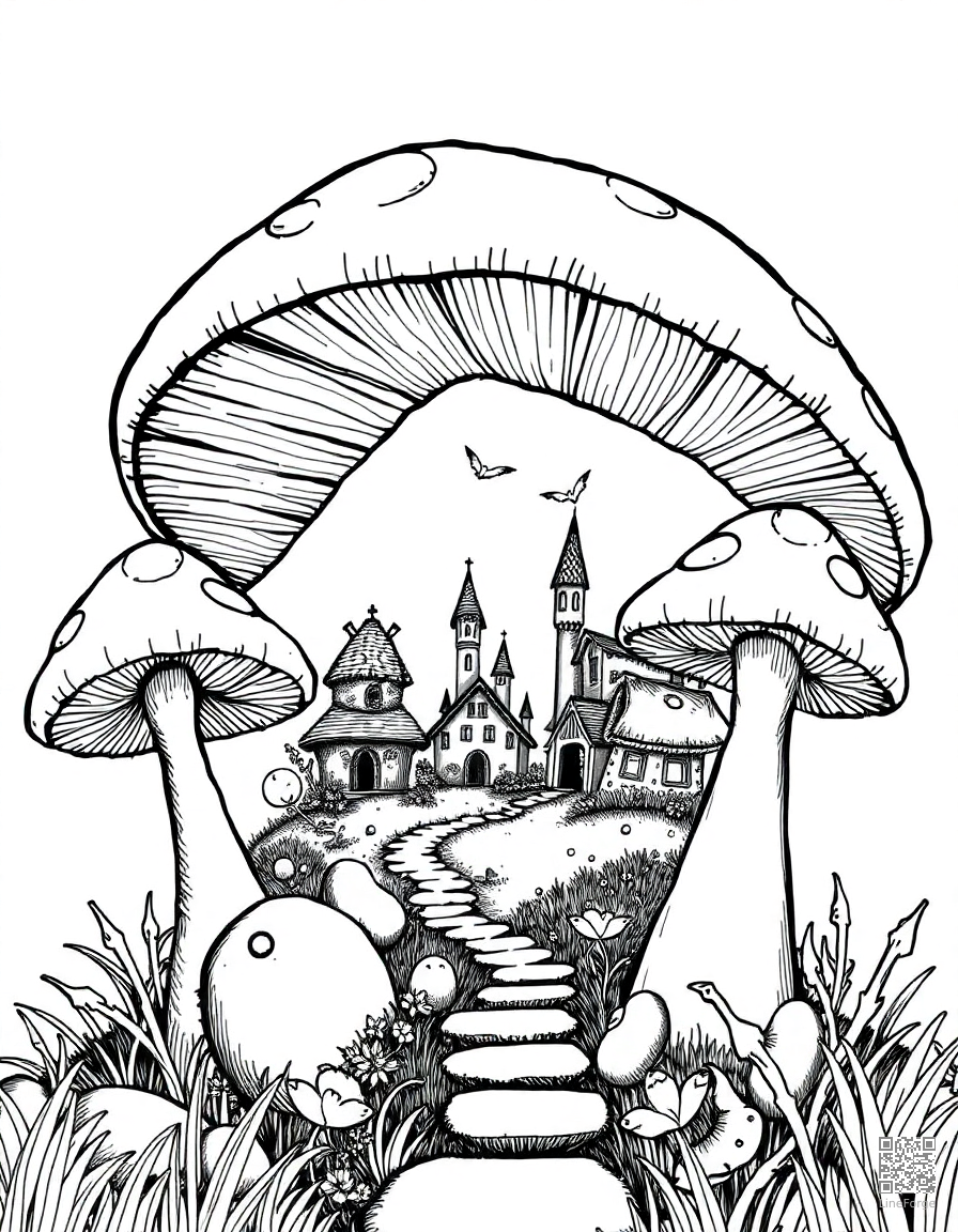 A fairy village hidden inside giant mushrooms coloring page Crosshatch style - free printable