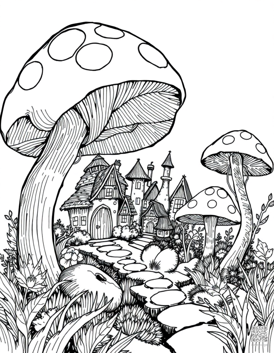 A fairy village hidden inside giant mushrooms coloring page Crosshatch style - free printable