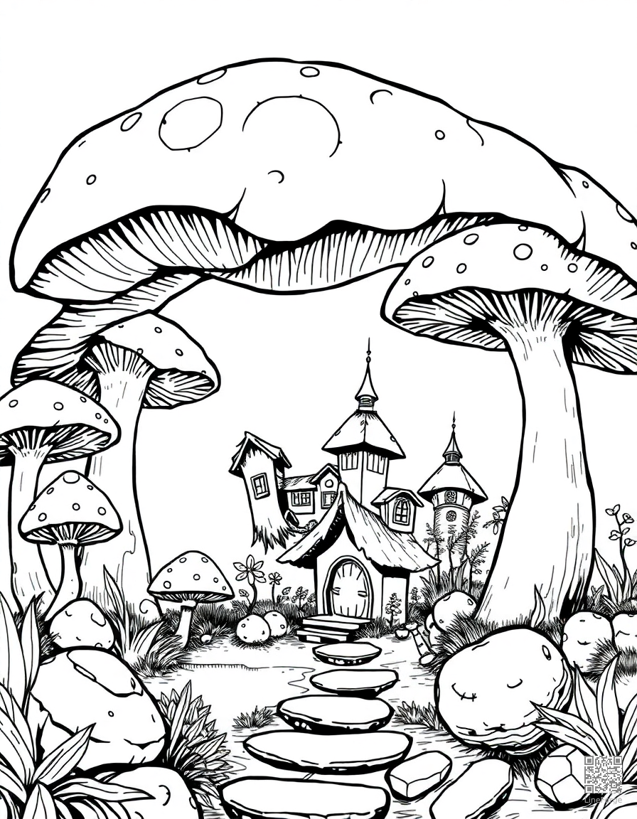 A fairy village hidden inside giant mushrooms coloring page Manga style - free printable