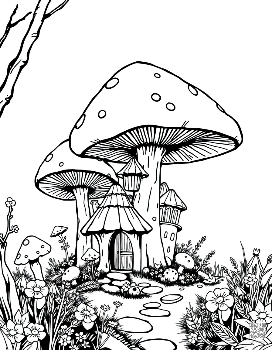 A fairy village hidden inside giant mushrooms coloring page Manga style - free printable