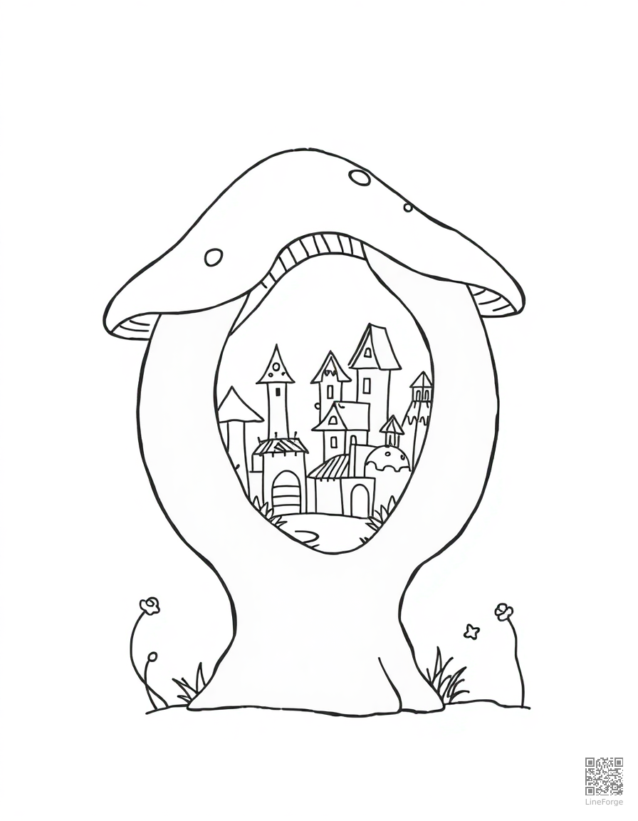 A fairy village hidden inside giant mushrooms coloring page Minimal style - free printable