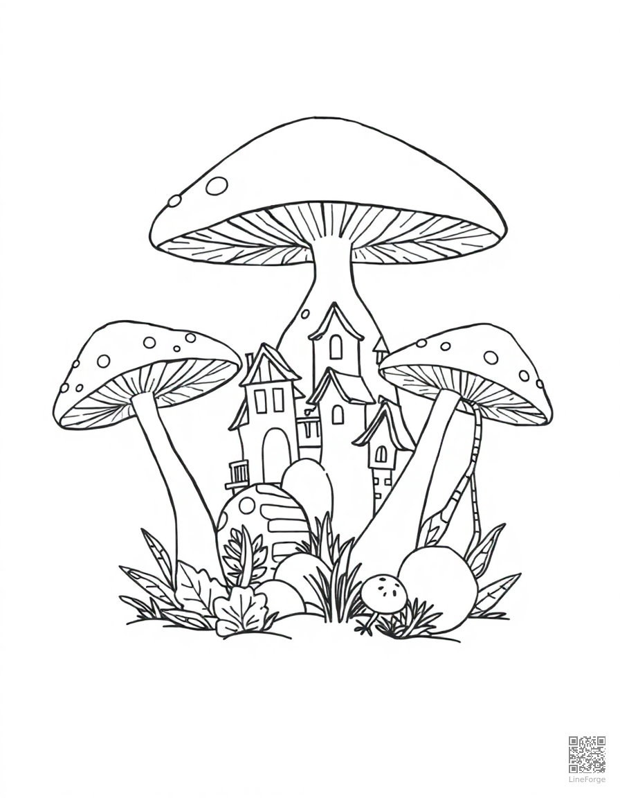 A fairy village hidden inside giant mushrooms coloring page Minimal style - free printable