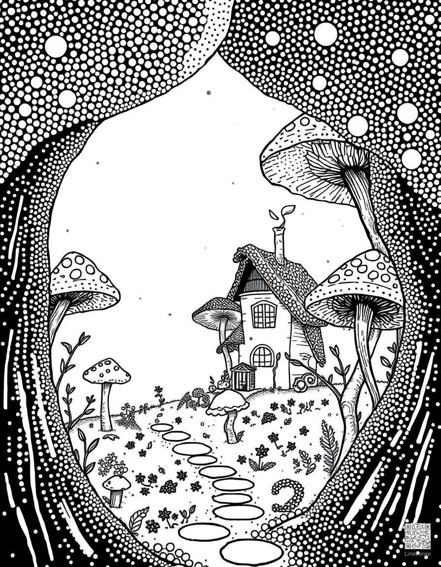 A fairy village hidden inside giant mushrooms coloring page Stipple style - free printable
