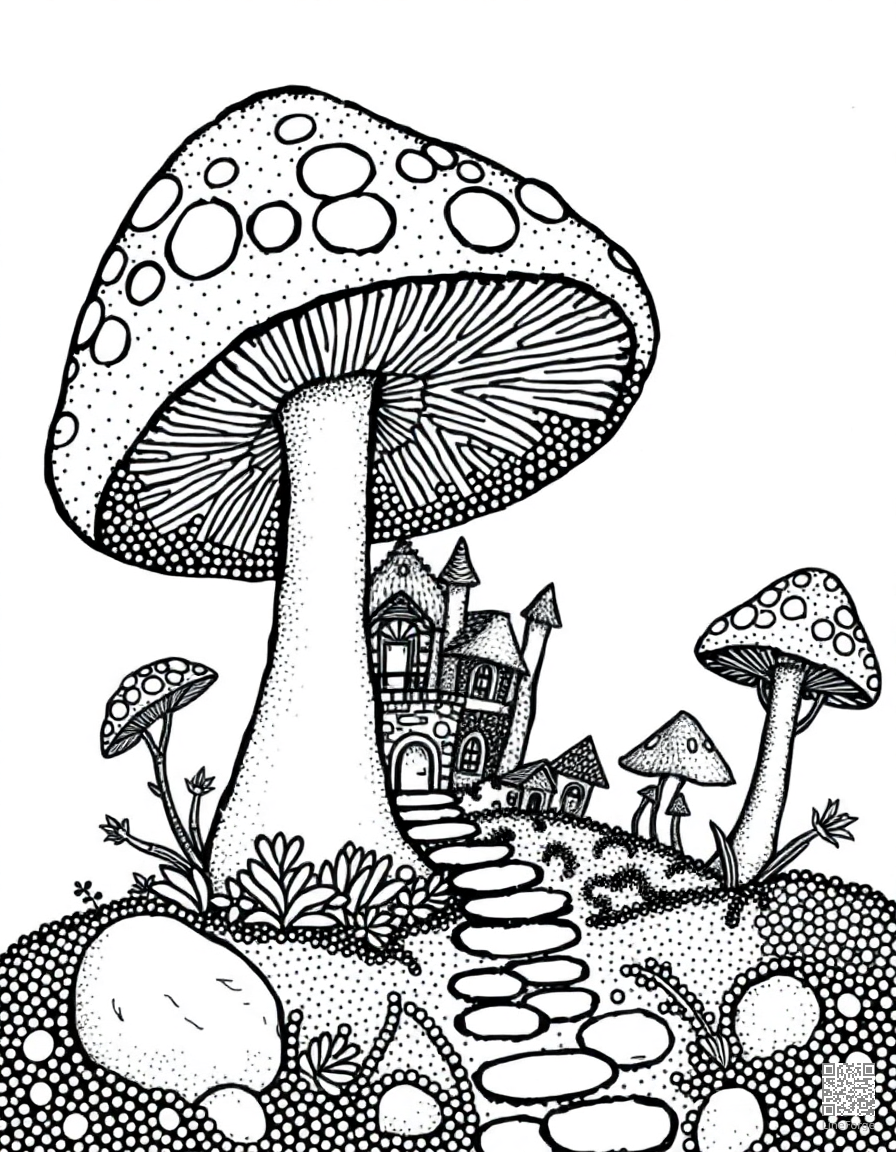 A fairy village hidden inside giant mushrooms coloring page Stipple style - free printable
