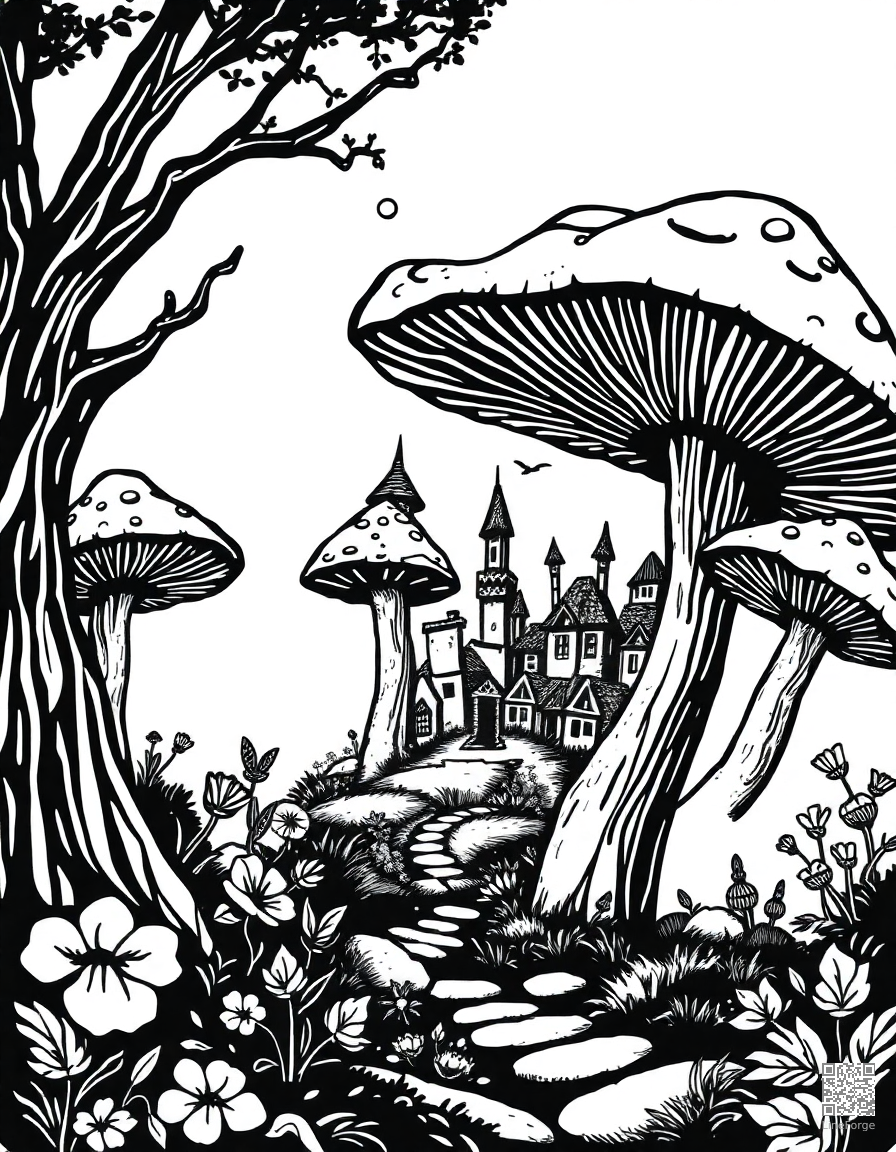 A fairy village hidden inside giant mushrooms coloring page Woodcut style - free printable