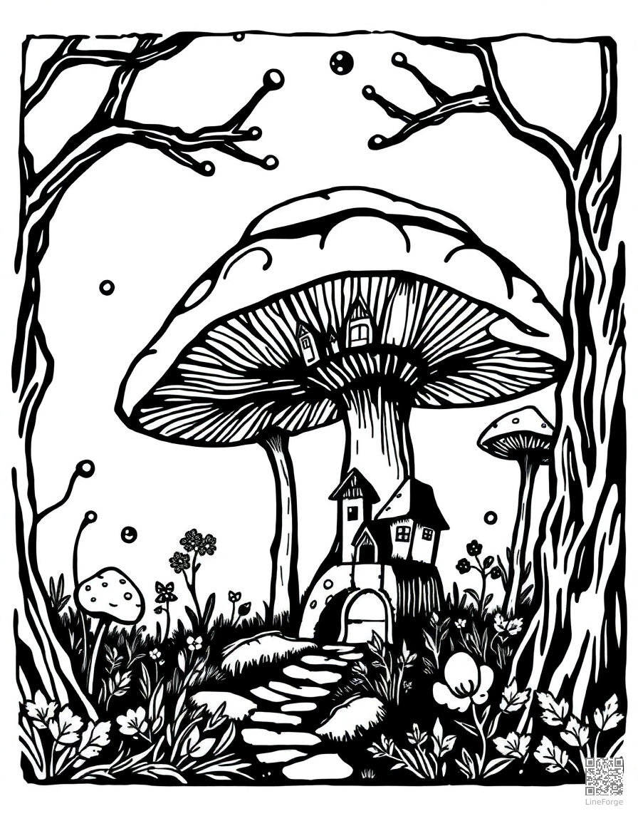 A fairy village hidden inside giant mushrooms coloring page Woodcut style - free printable