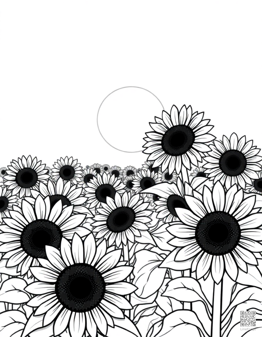 A field of sunflowers facing the sun coloring page Contour style - free printable