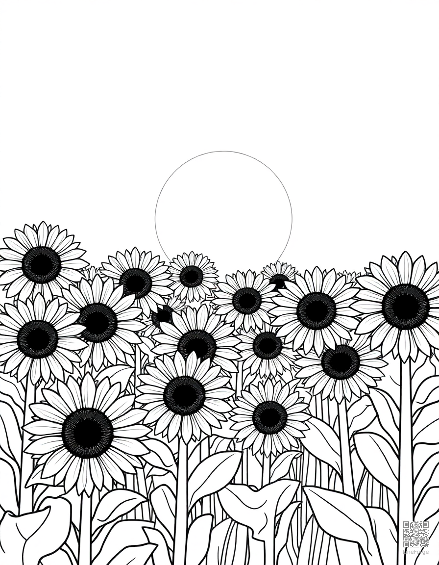 A field of sunflowers facing the sun coloring page Contour style - free printable