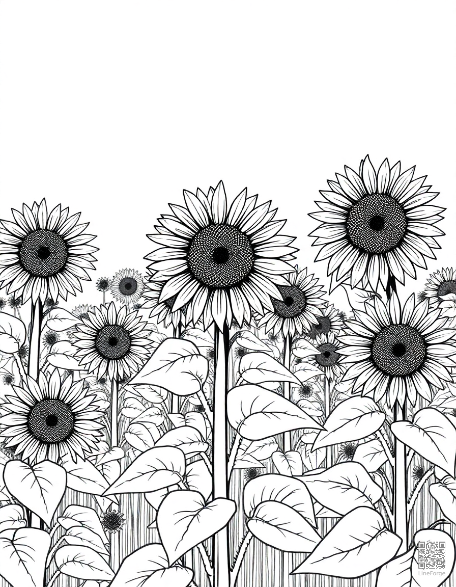 A field of sunflowers facing the sun coloring page Crosshatch style - free printable
