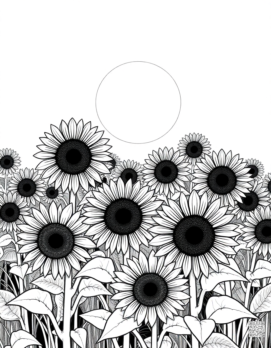 A field of sunflowers facing the sun coloring page Crosshatch style - free printable