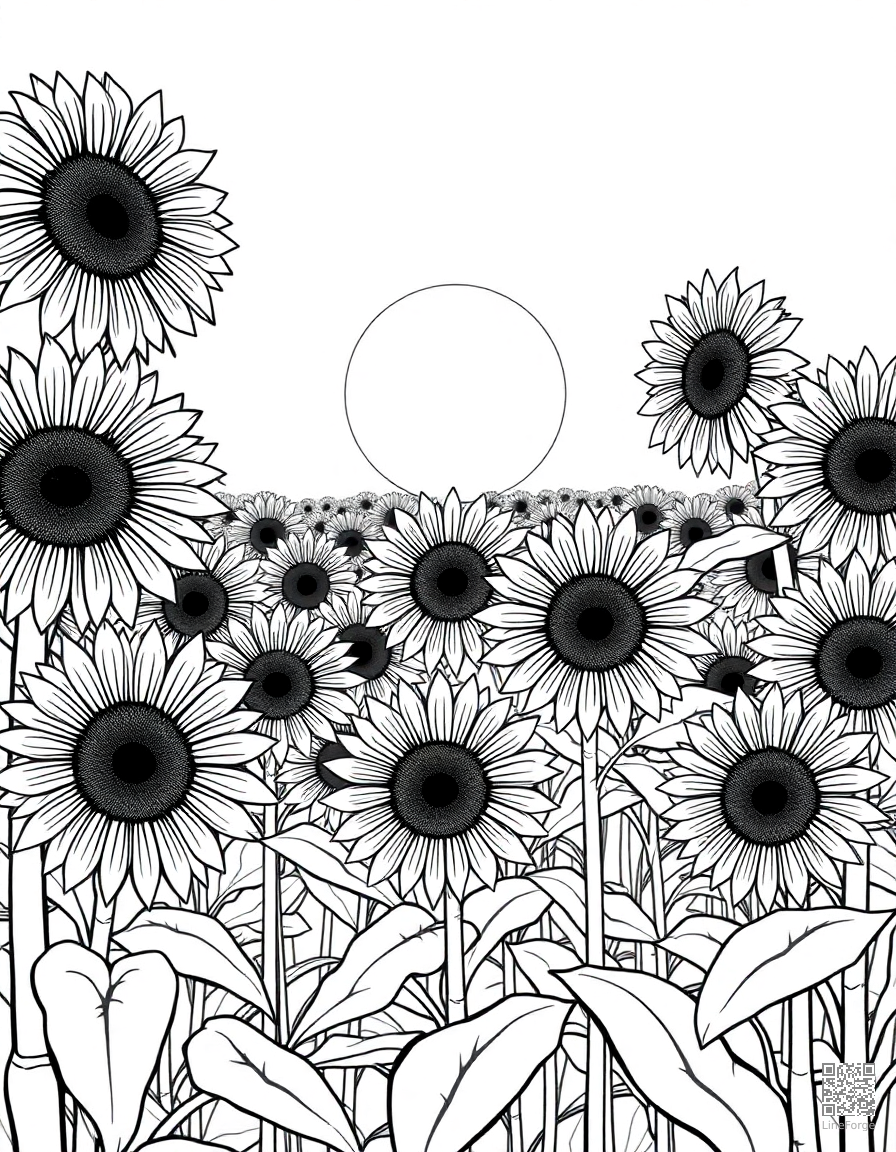 A field of sunflowers facing the sun coloring page Manga style - free printable