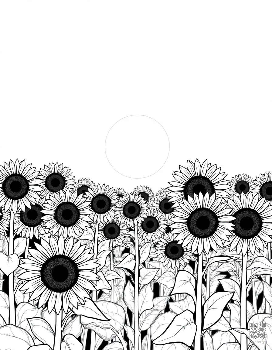 A field of sunflowers facing the sun coloring page Manga style - free printable