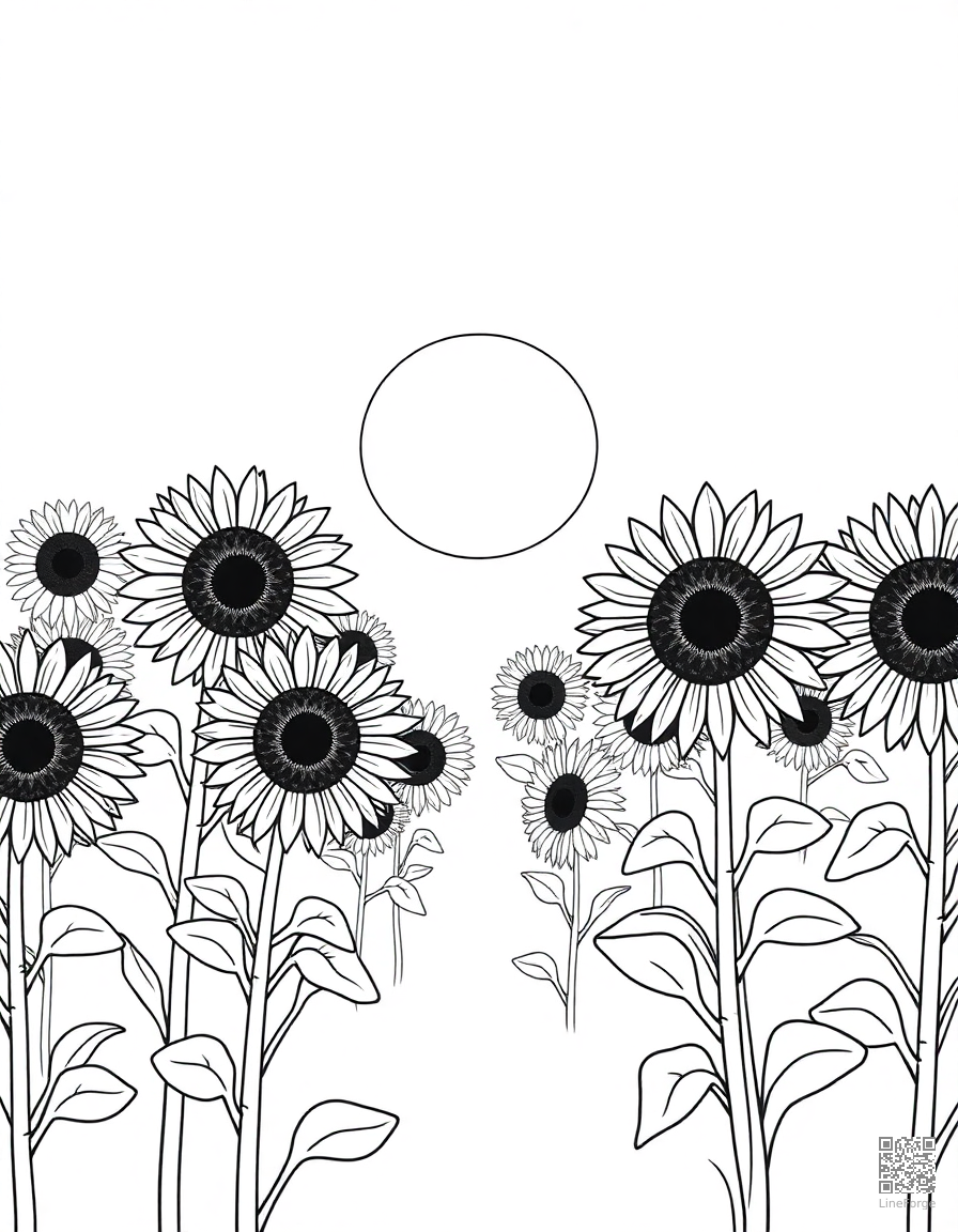 A field of sunflowers facing the sun coloring page Minimal style - free printable