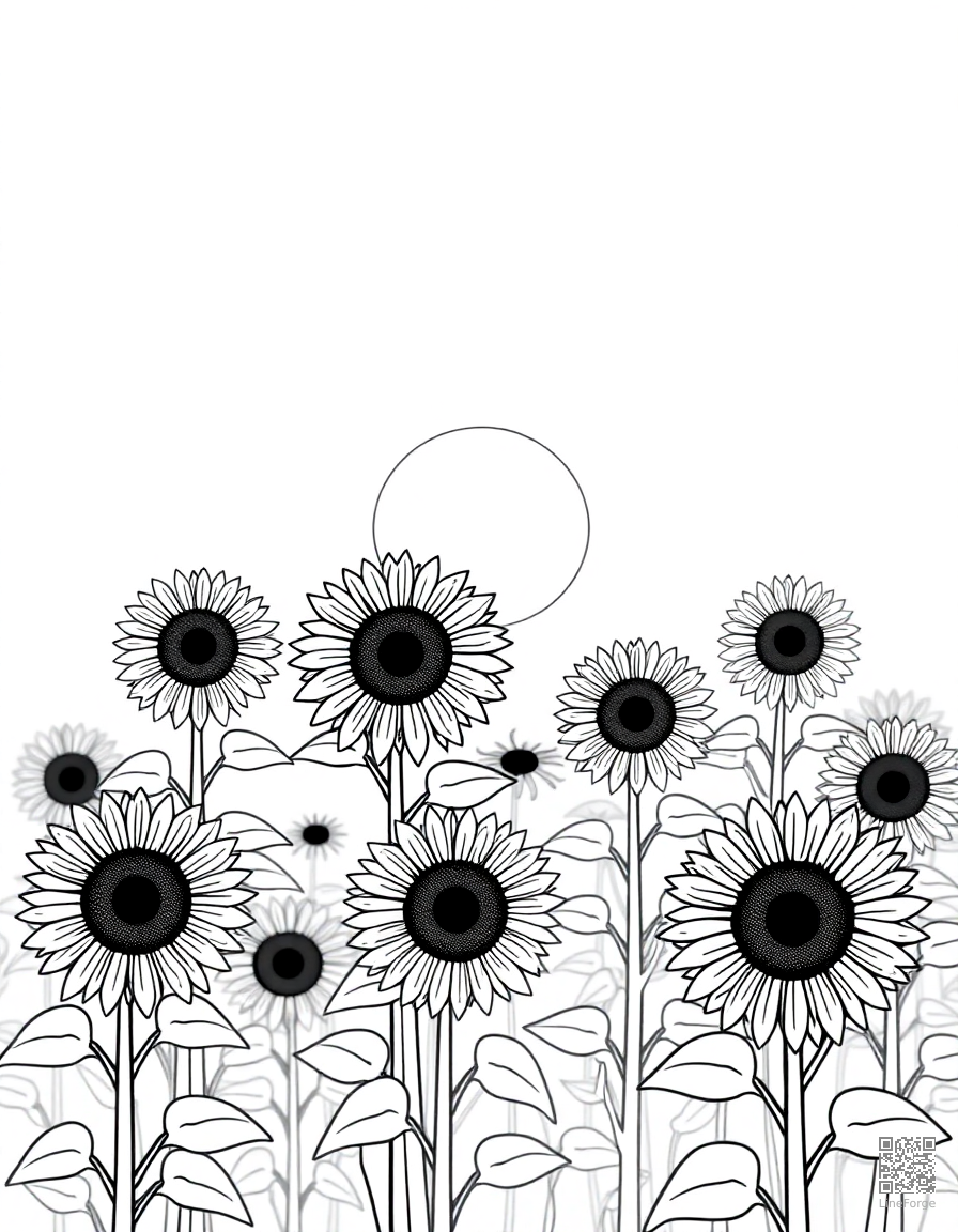 A field of sunflowers facing the sun coloring page Minimal style - free printable