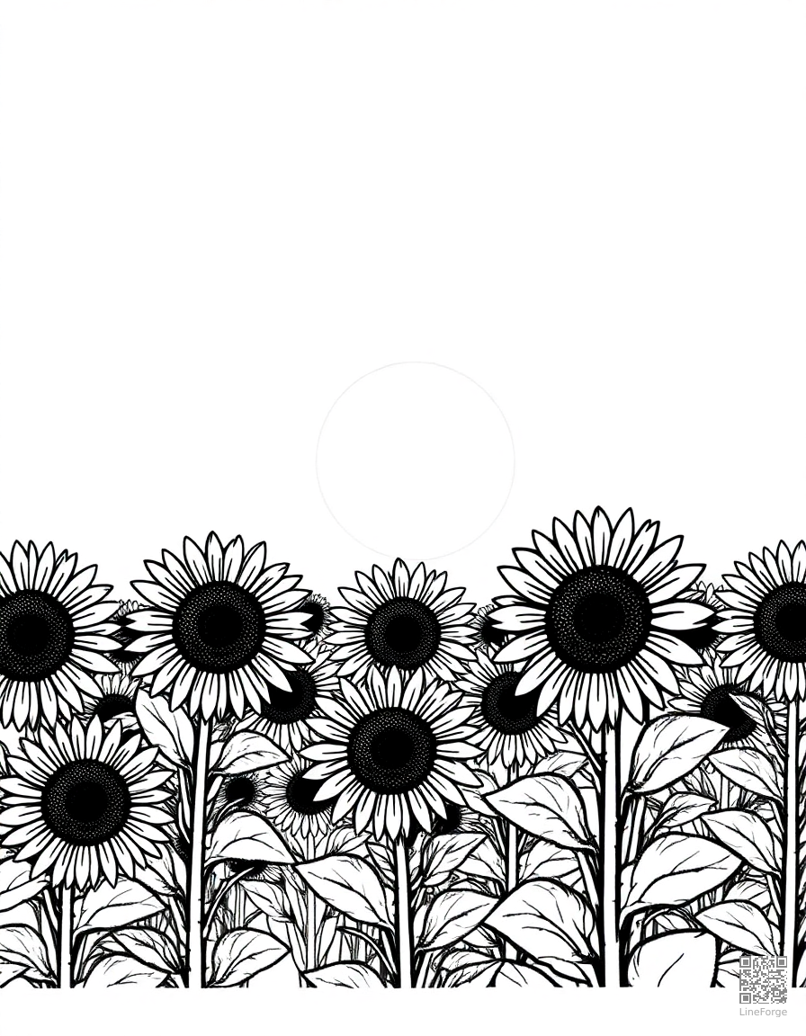 A field of sunflowers facing the sun coloring page Stipple style - free printable