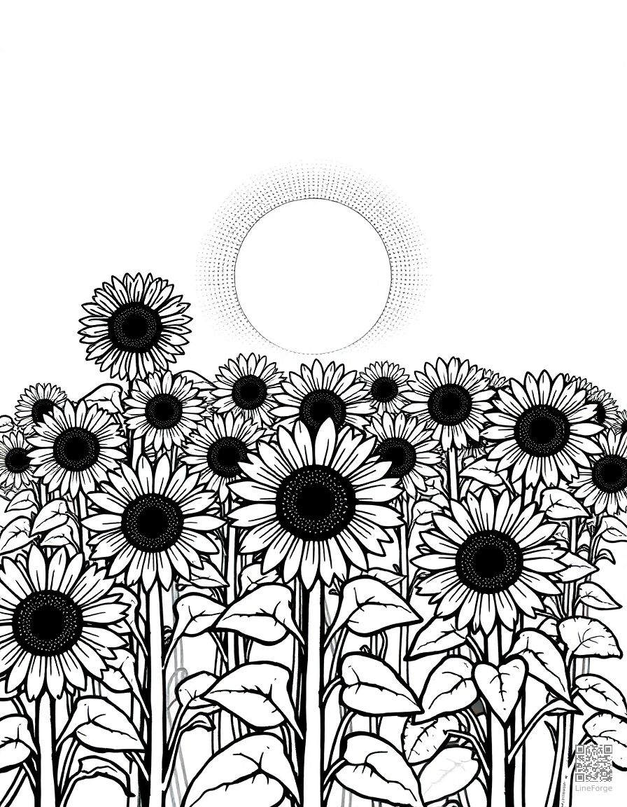 A field of sunflowers facing the sun coloring page Stipple style - free printable