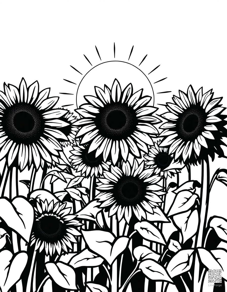 A field of sunflowers facing the sun coloring page Woodcut style - free printable