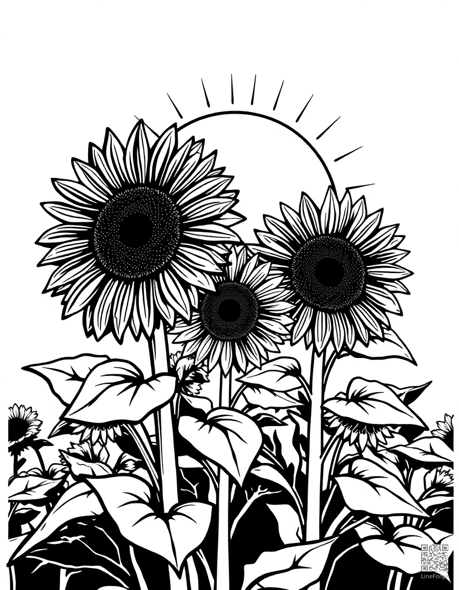 A field of sunflowers facing the sun coloring page Woodcut style - free printable