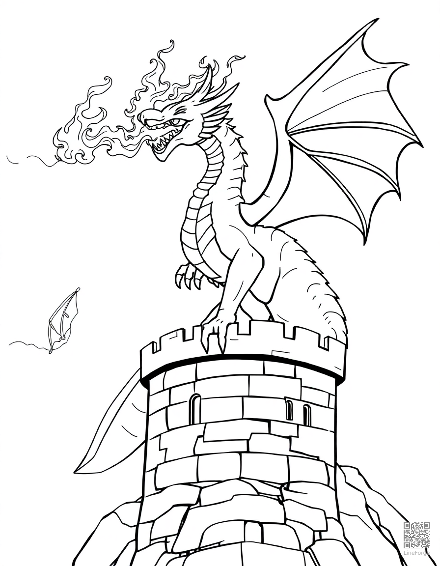 A fire-breathing dragon perched on a castle tower coloring page Contour style - free printable