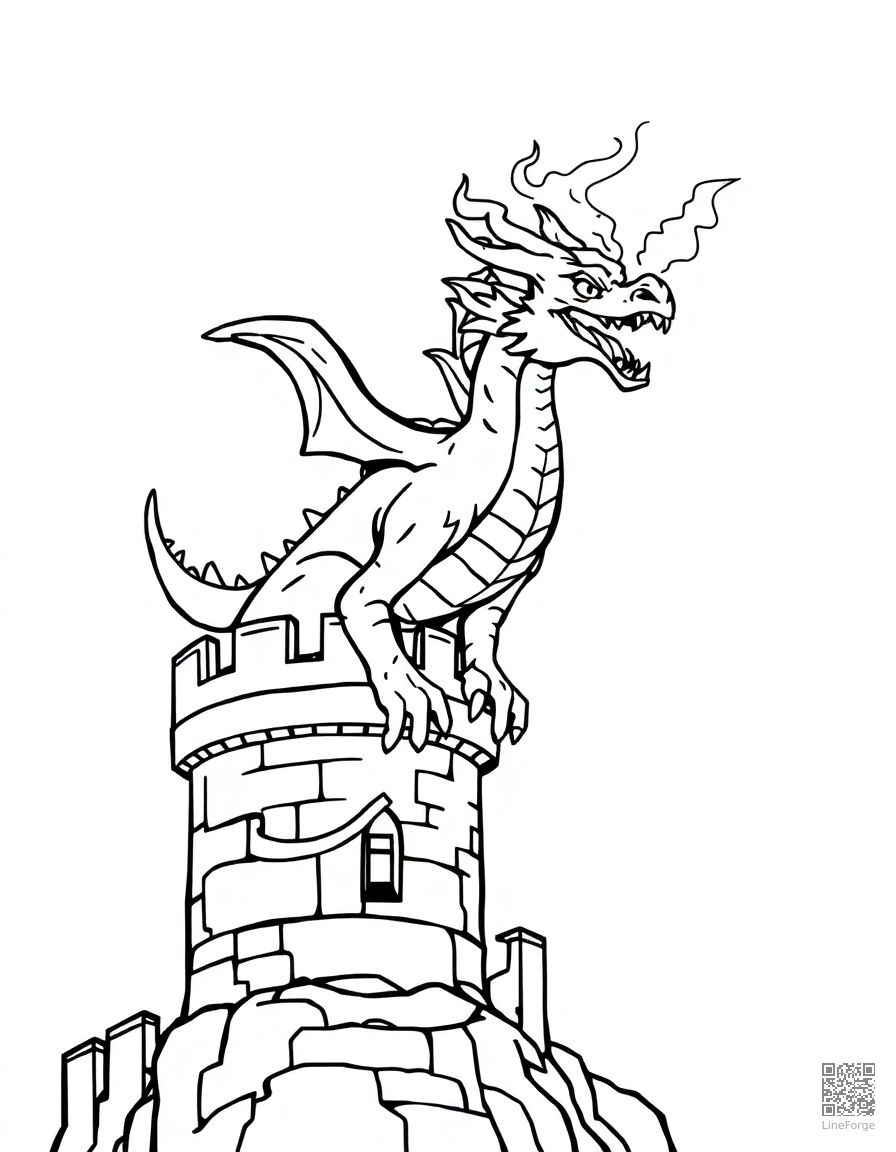 A fire-breathing dragon perched on a castle tower coloring page Contour style - free printable