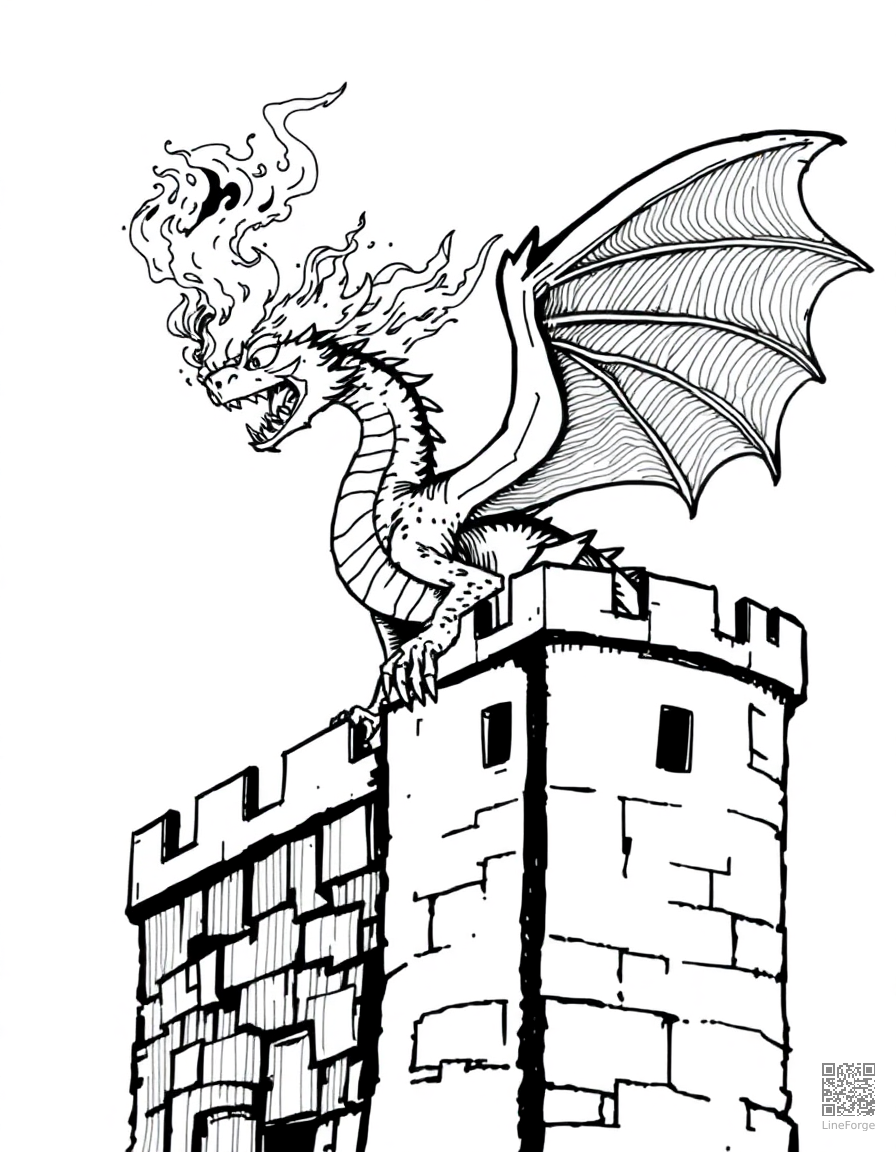 A fire-breathing dragon perched on a castle tower coloring page Crosshatch style - free printable