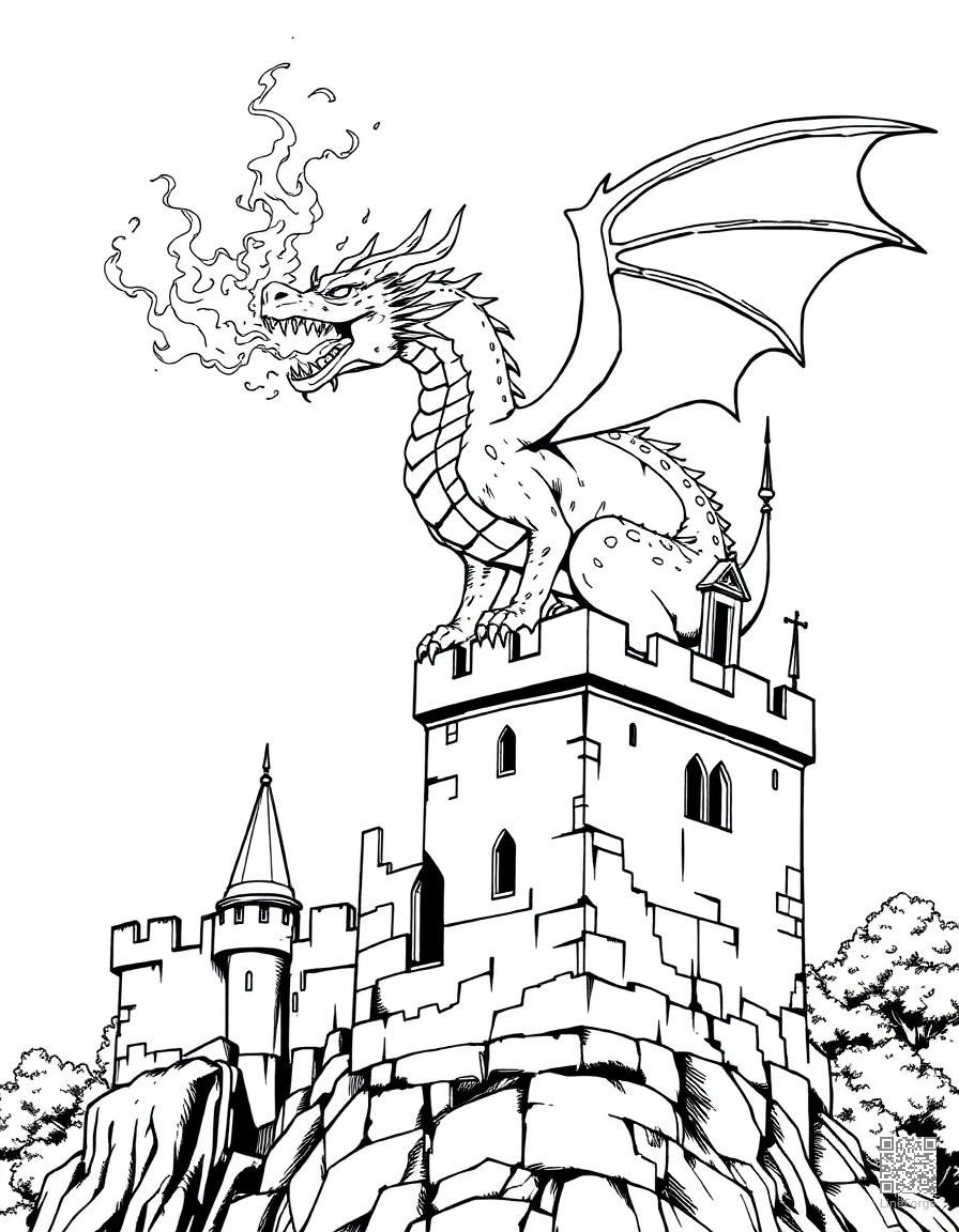 A fire-breathing dragon perched on a castle tower coloring page Manga style - free printable