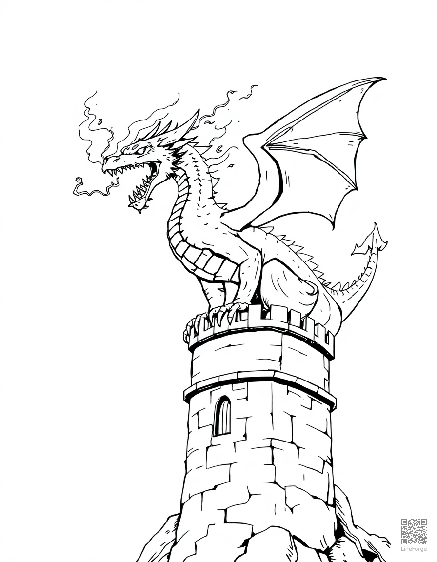 A fire-breathing dragon perched on a castle tower coloring page Manga style - free printable